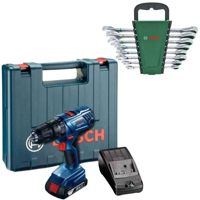 Bosch - GSB180-LI Cordless Drill with 8 Piece - Ratchet Combination Wrench Set