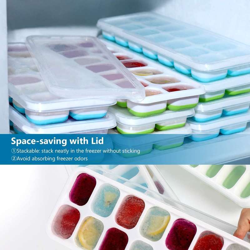 2PCS Premium Silicone Ice Cube Tray With Spill-Resistant Lids - BPA Free - Easy Release And Flexi...