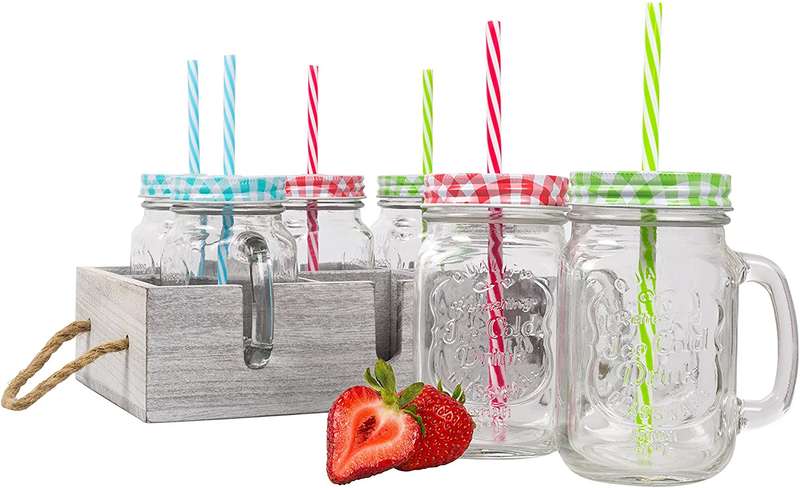 Mason Jar Glass Drinking Juice Mug - PACK OF 2 WITH STRAW