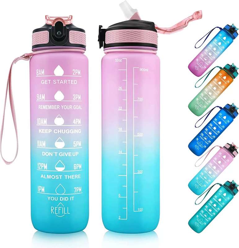 Motivational 1L Water Bottle with Straw Time Marker