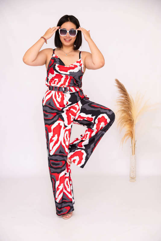 Olivia Belted Printed Jumpsuit Grey