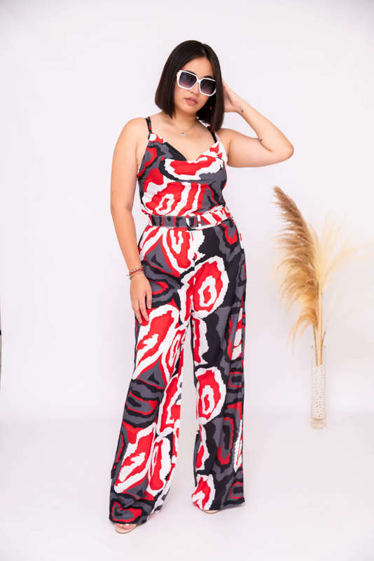 Olivia Belted Printed Jumpsuit Grey