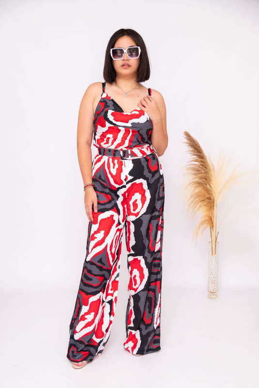 Olivia Belted Printed Jumpsuit Grey