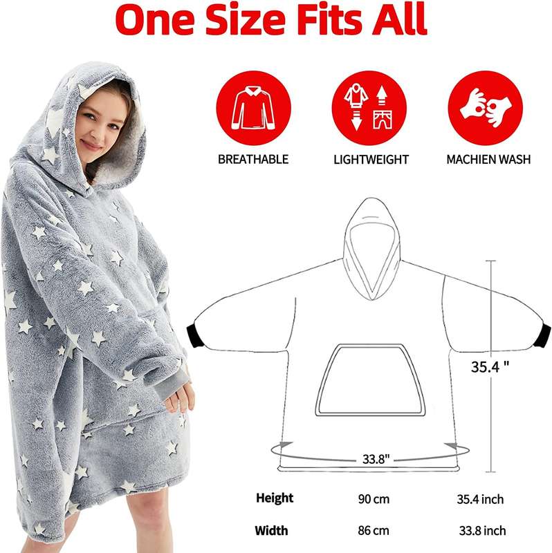 Oversized Huggle Glow in The Dark Soft Plush Warm Hooded Blanket Sweatshirt