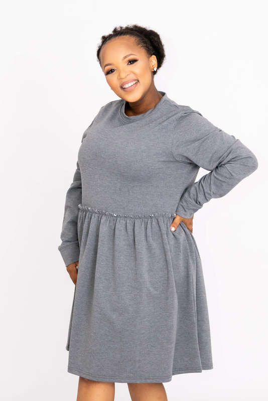 Betty Long Sleeve Tiered Mini Swing Dress Grey