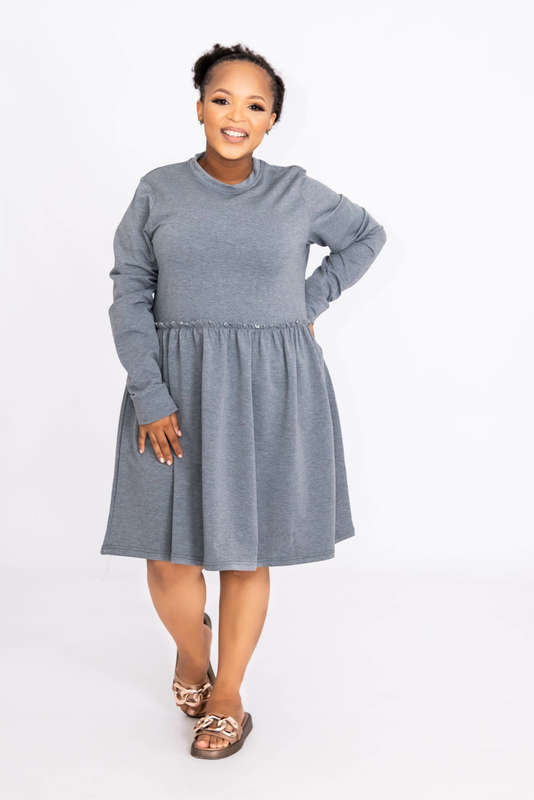 Betty Long Sleeve Tiered Mini Swing Dress Grey