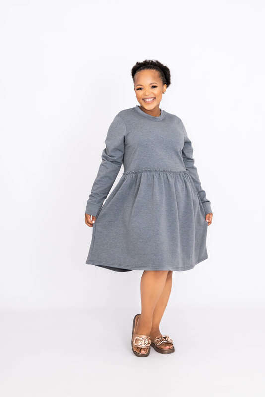 Betty Long Sleeve Tiered Mini Swing Dress Grey