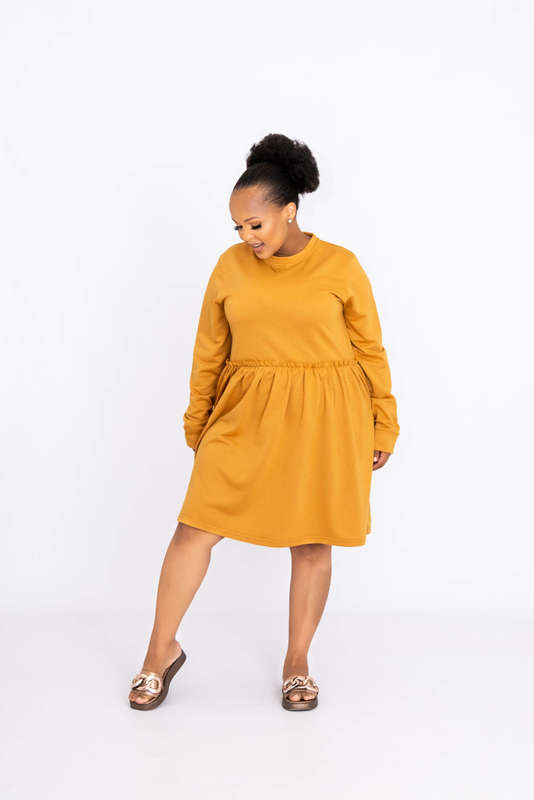 Betty Long Sleeve Tiered Mini Swing Dress Tan