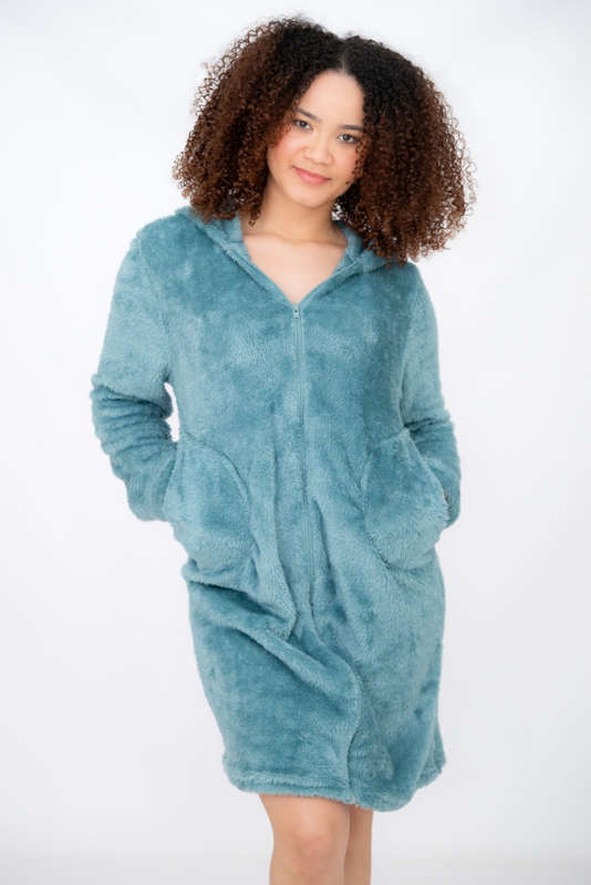 Juliet Zip-Up Sherpra Huggle Hoodie Winter Gown With Deep Pockets Teal