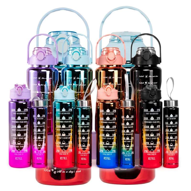 3 Motivational Glitter Water Bottle 3 in 1 with Straw Time Marker 2L+900ml+500ml