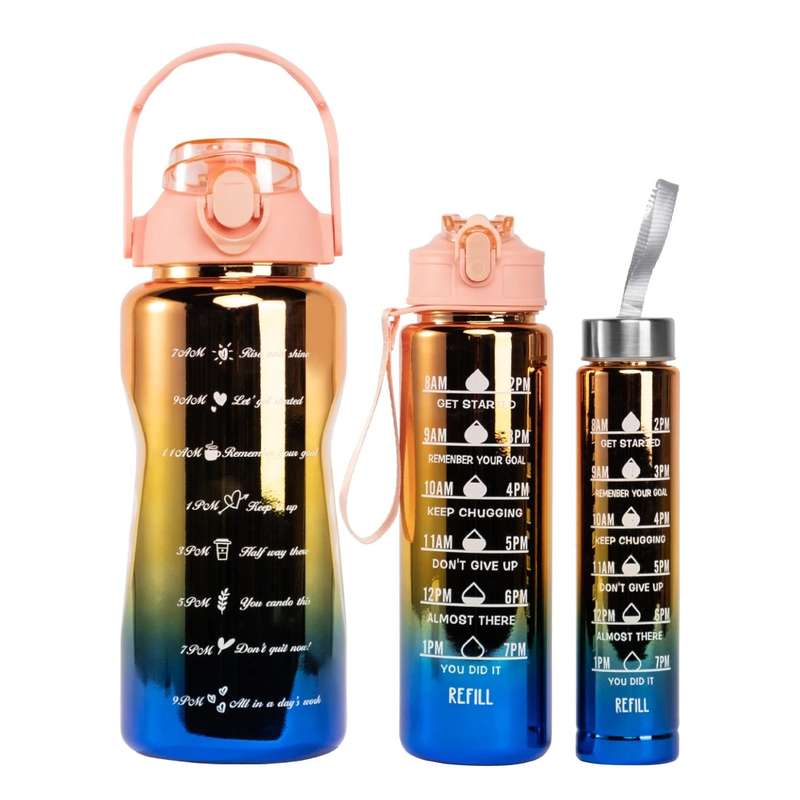 3 Motivational Glitter Water Bottle 3 in 1 with Straw Time Marker 2L+900ml+500ml