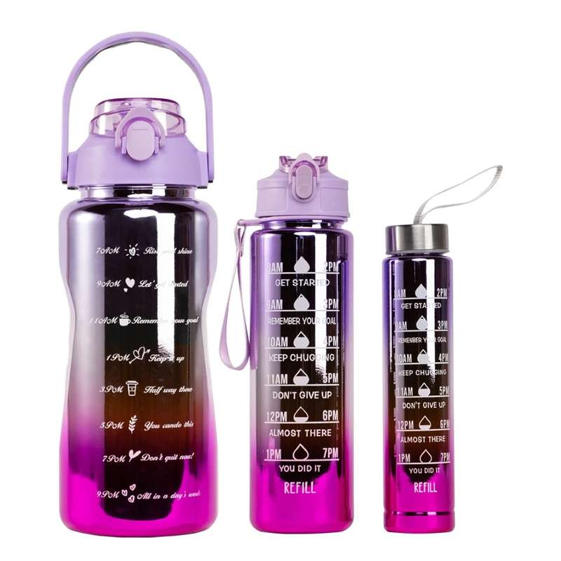 3 Motivational Glitter Water Bottle 3 in 1 with Straw Time Marker 2L+900ml+500ml