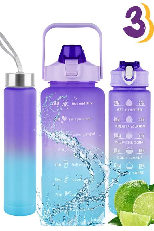Motivational Water Bottle 3 in 1 with Straw Time Marker 2L+900ml+300ml