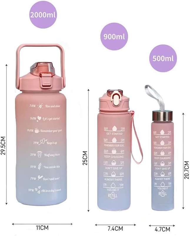 3 Motivational Glitter Water Bottle 3 in 1 with Straw Time Marker 2L+900ml+500ml