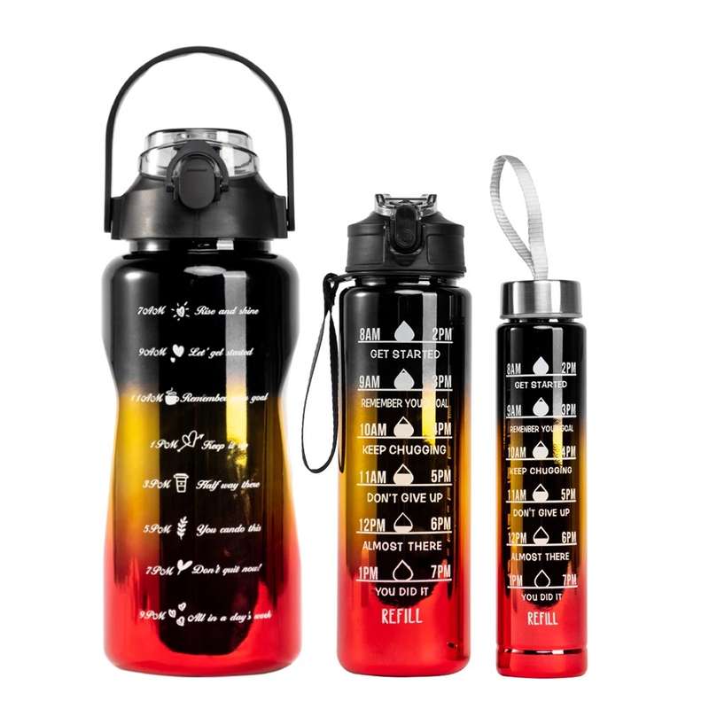 3 Motivational Glitter Water Bottle 3 in 1 with Straw Time Marker 2L+900ml+500ml
