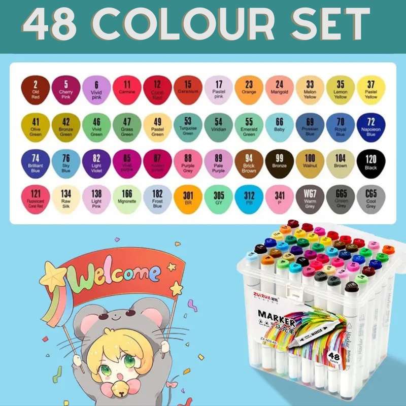Set of 48 Twin Tip Marker Pen Highlighters for Graphic Art With Carry Case