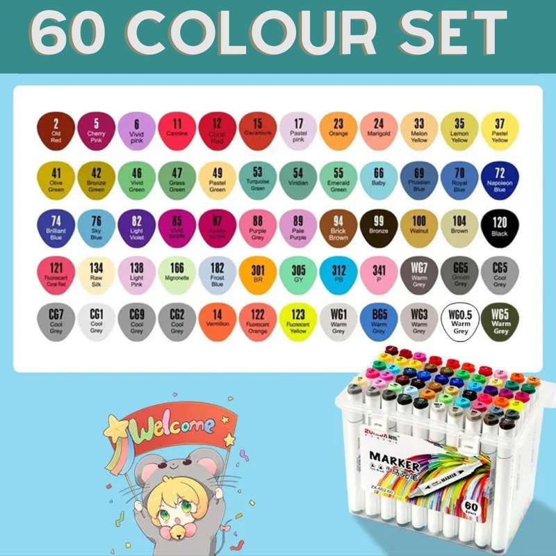 Set of 60 Twin Tip Marker Pen Highlighters for Graphic Art With Carry Case