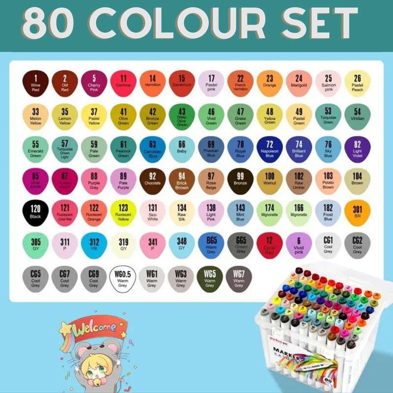 Set of 80 Twin Tip Marker Pen Highlighters for Graphic Art With Carry Case