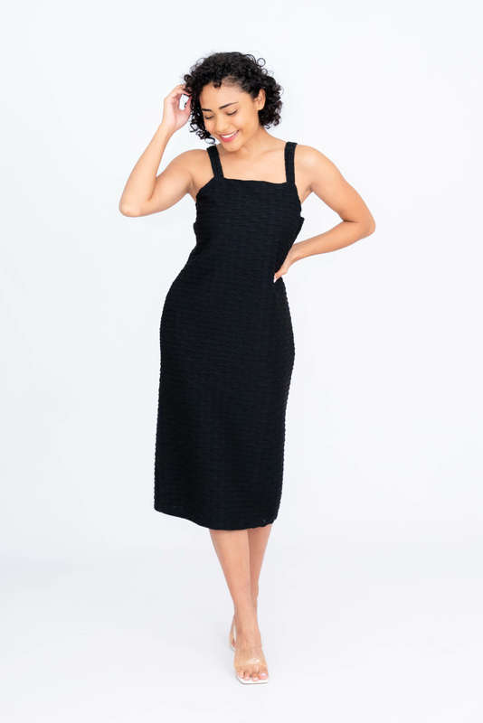 Hazel Black Textured Strappy Midi Dress