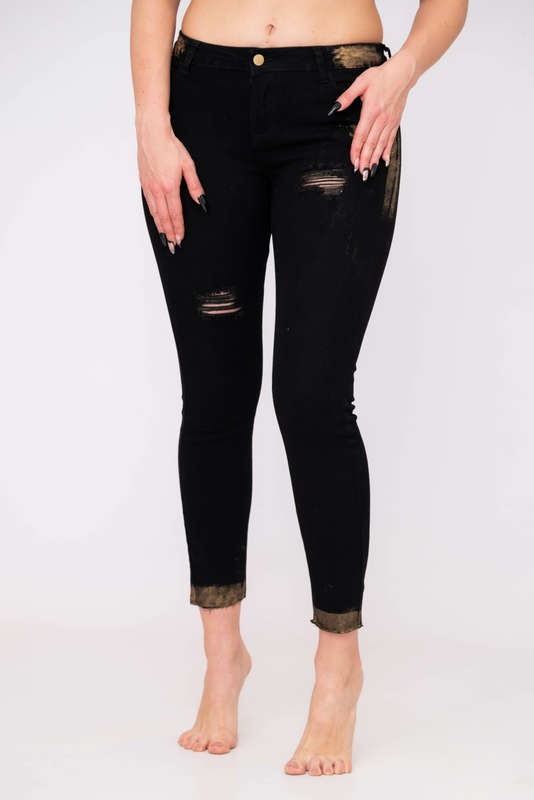 Women's Black Slim Fit Ripped Skinny Jeans with Gold Embossed Trim