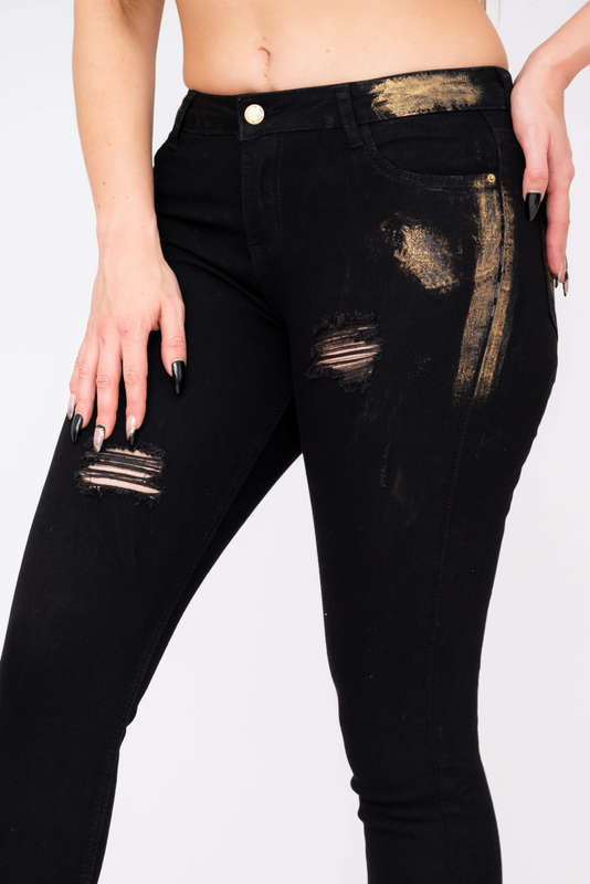 Women's Black Slim Fit Ripped Skinny Jeans with Gold Embossed Trim
