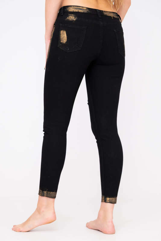 Women's Black Slim Fit Ripped Skinny Jeans with Gold Embossed Trim
