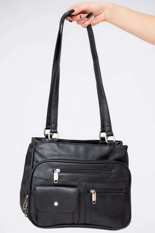 Women's Black Handbag With Multiple Compartments Over-the-Shoulder Purse in Pu Leather