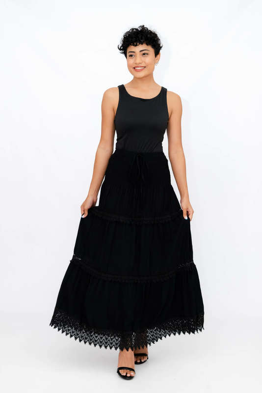 Ladies High Waist Boho Black Long Pleated Skirt