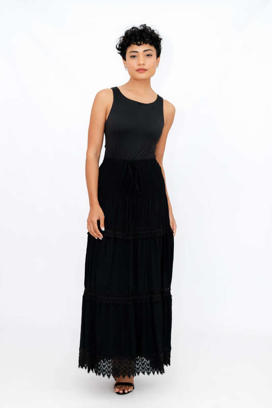 Ladies High Waist Boho Black Long Pleated Skirt