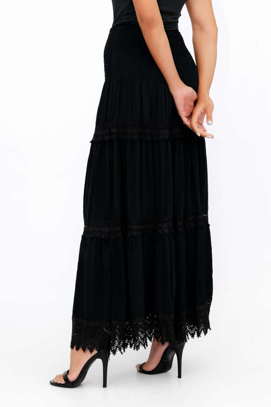 Ladies High Waist Boho Black Long Pleated Skirt