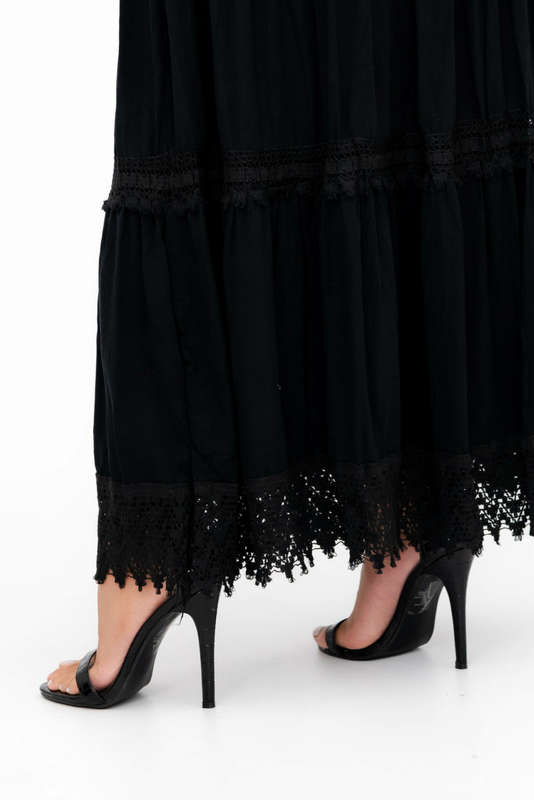 Ladies High Waist Boho Black Long Pleated Skirt