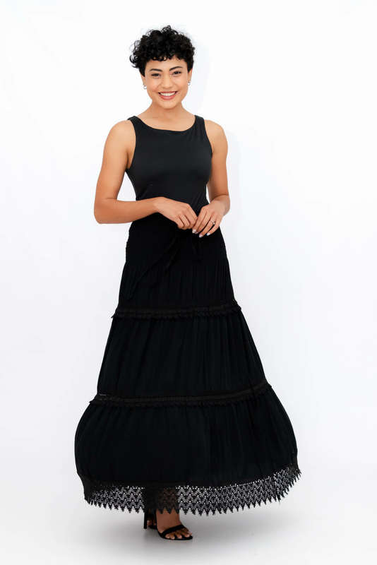 Ladies High Waist Boho Black Long Pleated Skirt