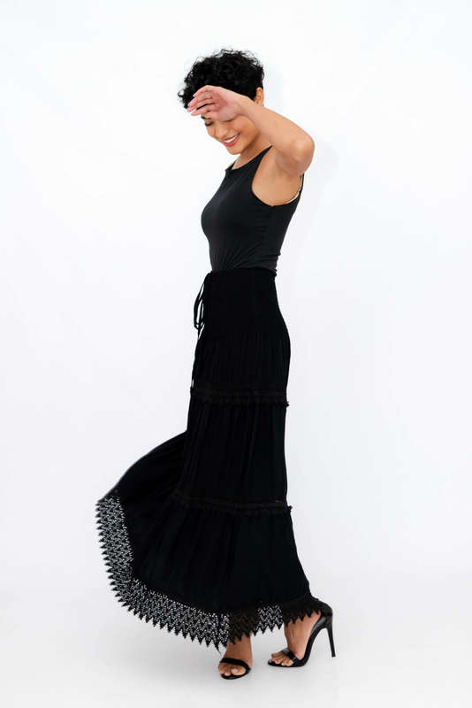 Ladies High Waist Boho Black Long Pleated Skirt
