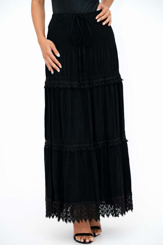 Ladies High Waist Boho Black Long Pleated Skirt