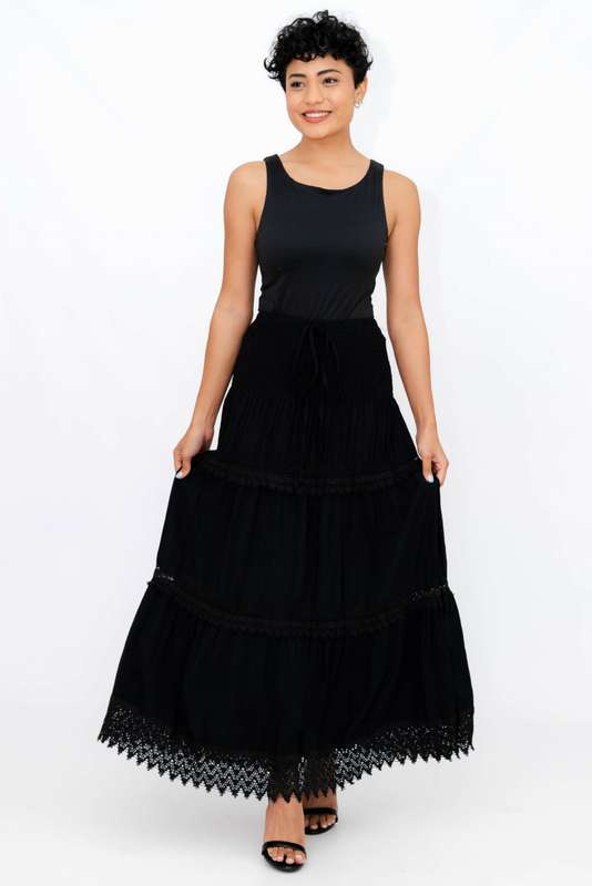 Ladies High Waist Boho Black Long Pleated Skirt