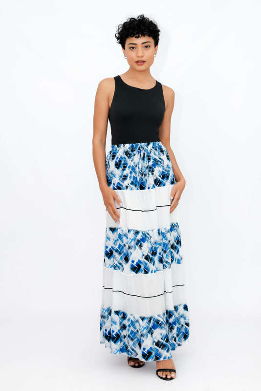 Ladies High Waist Boho Printed Long Pleated Skirt