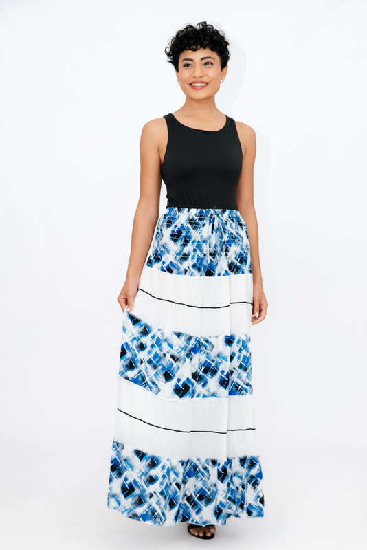 Ladies High Waist Boho Printed Long Pleated Skirt