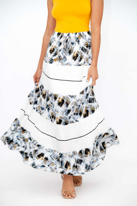 Ladies High Waist Boho Printed Long Pleated Skirt