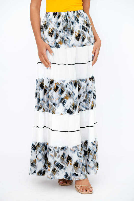 Ladies High Waist Boho Printed Long Pleated Skirt