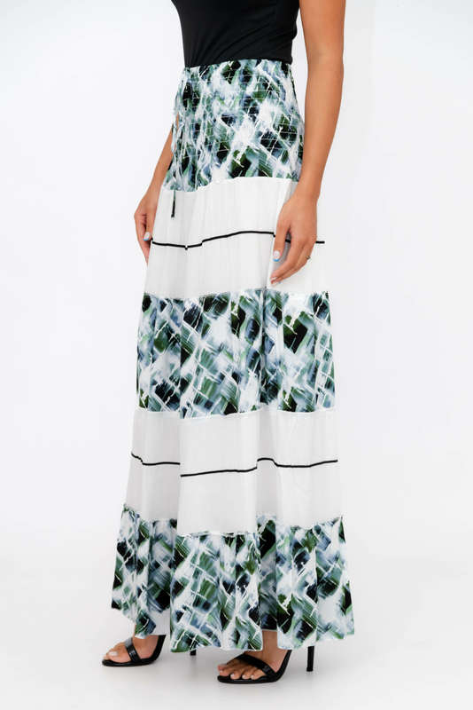 Ladies High Waist Boho Printed Long Pleated Skirt