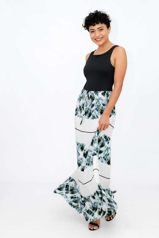 Ladies High Waist Boho Printed Long Pleated Skirt