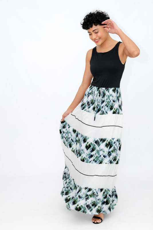 Ladies High Waist Boho Printed Long Pleated Skirt