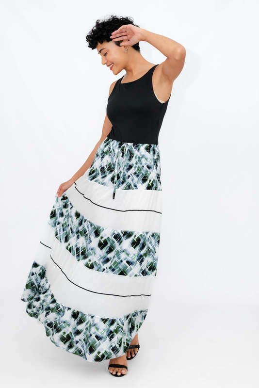 Ladies High Waist Boho Printed Long Pleated Skirt