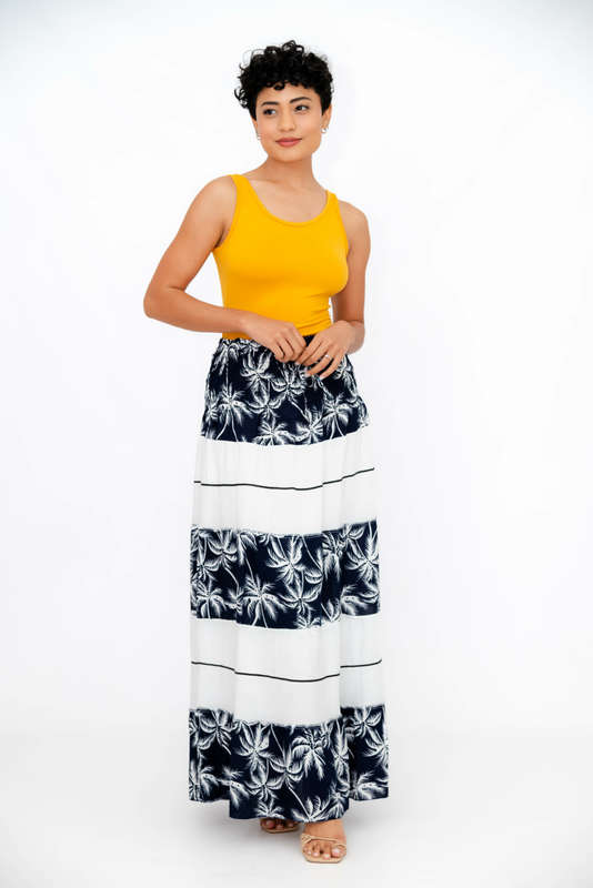 Ladies High Waist Boho Printed Long Pleated Skirt