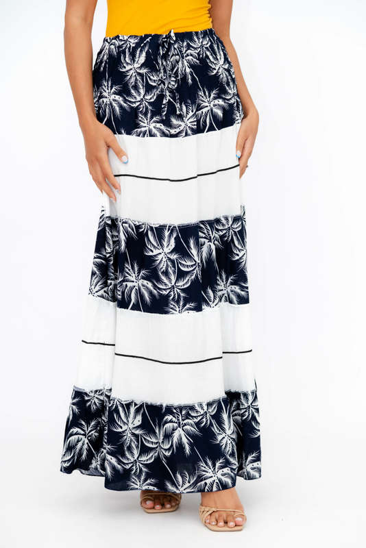 Ladies High Waist Boho Printed Long Pleated Skirt