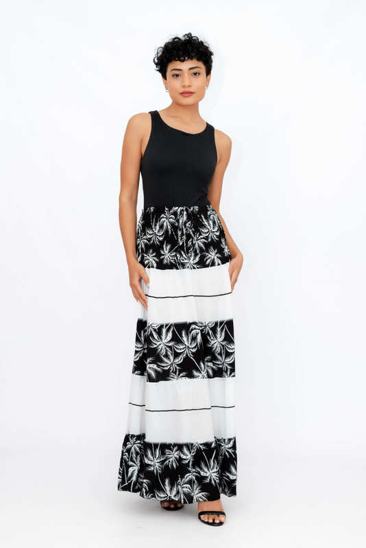 Ladies High Waist Boho Printed Long Pleated Skirt