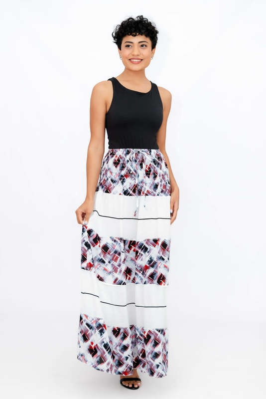Ladies High Waist Boho Printed Long Pleated Skirt