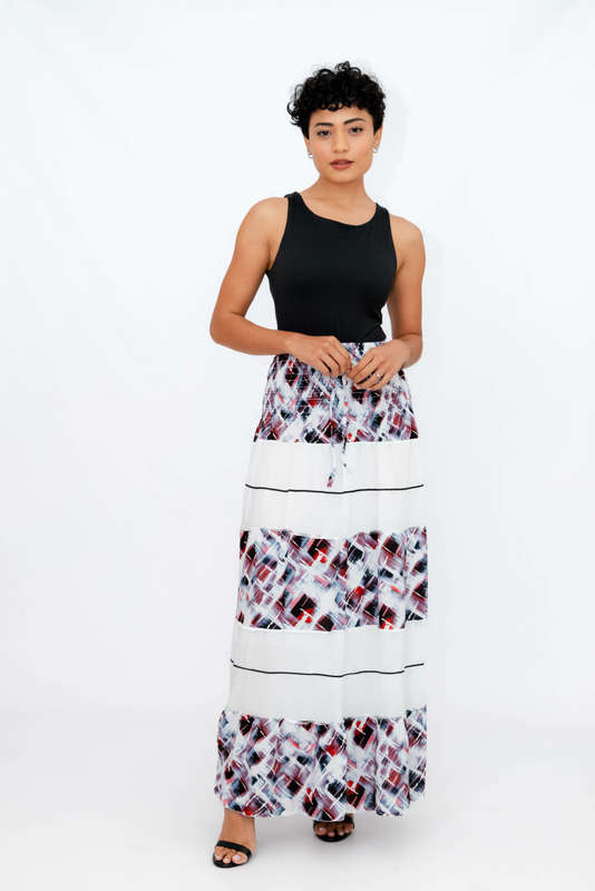 Ladies High Waist Boho Printed Long Pleated Skirt