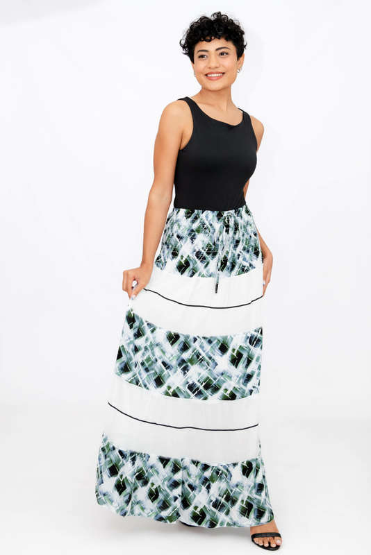 Ladies High Waist Boho Printed Long Pleated Skirt