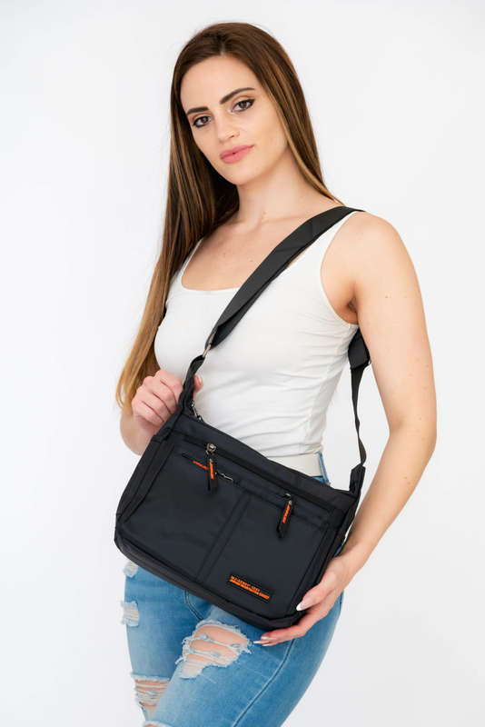 Black Unisex Multi Zipper Sling Shoulder Nylon Bag Crossbody Travel Bag